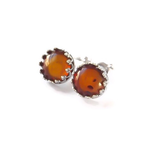 ♚♔♛925 sterling silver genuine amber bezel set gemstone crown stud earrings♛♔♚ - Picture 4 of 8